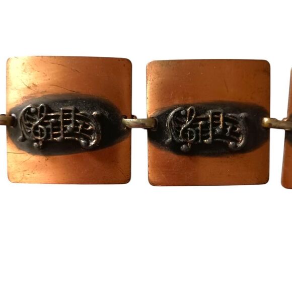Vintage Copper Bracelet Music Notes Treble Clef Square Panel Links MCM Chunky - Picture 5 of 16